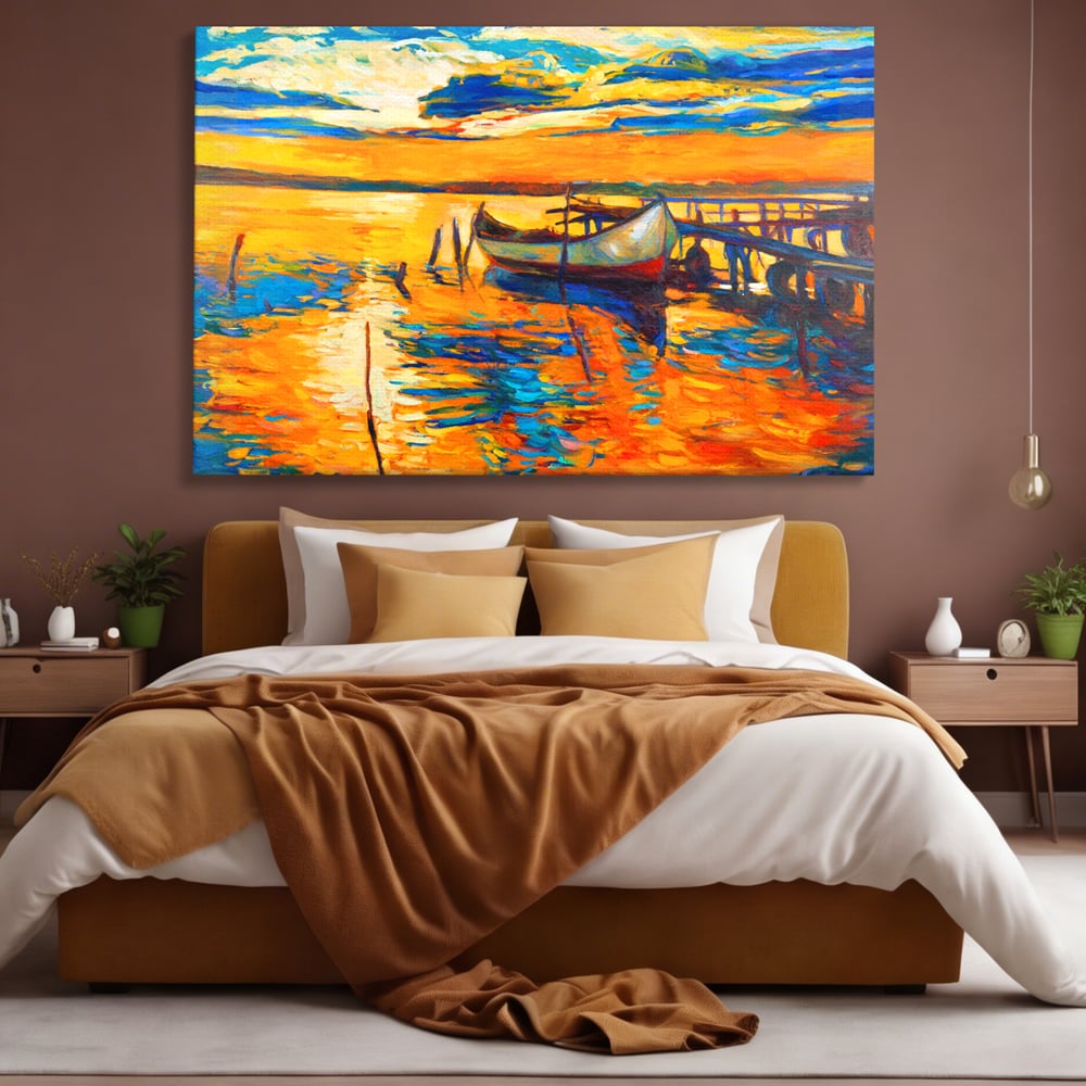 Tablou canvas cu pictura cu barca la apus, fara rama, pe sasiu de lemn, pe perete intr-un dormitor